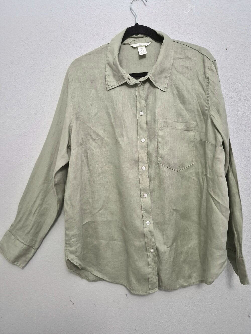H&M Linen Long Sleeve Button Down Shirt Sage Green Woman Large